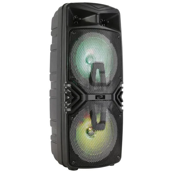 Black rectangular portable speaker with carry handle and front LED light panel