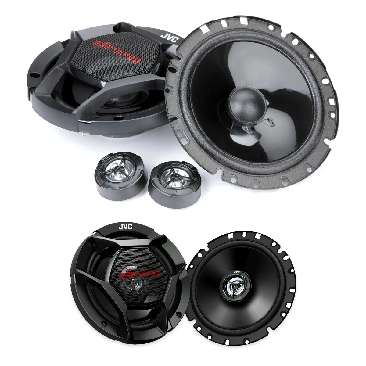 JVC CS-DR1700C component and CS-DR1721 coaxial 6.75in car speakers in black metal baskets