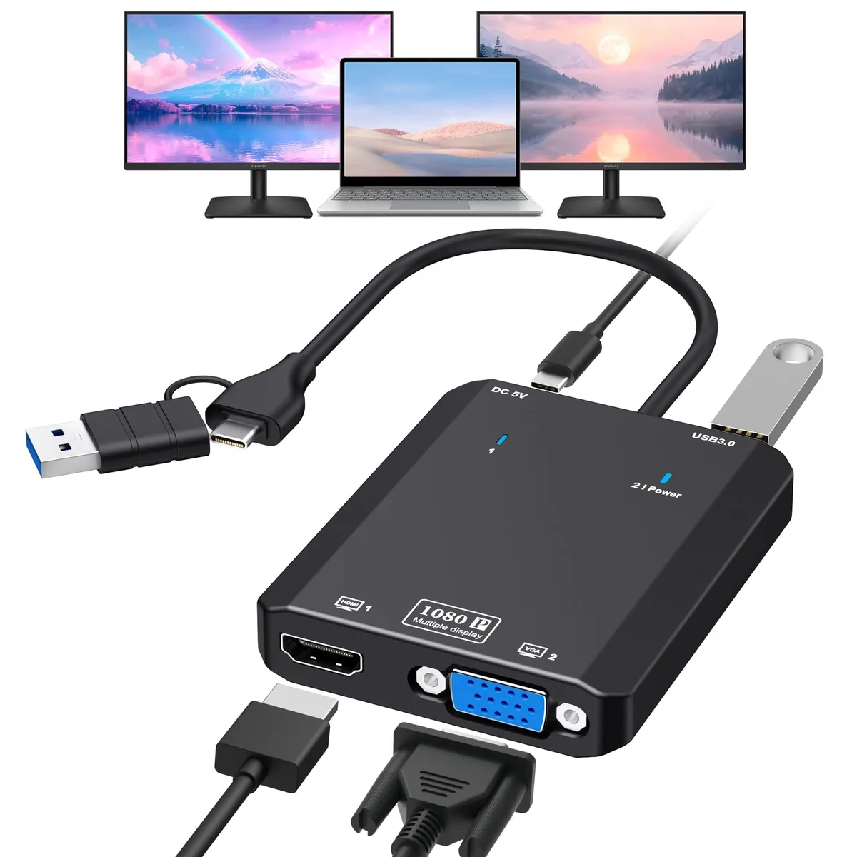 Black BYTECC U801 adapter with two DisplayPort outputs and a short cable