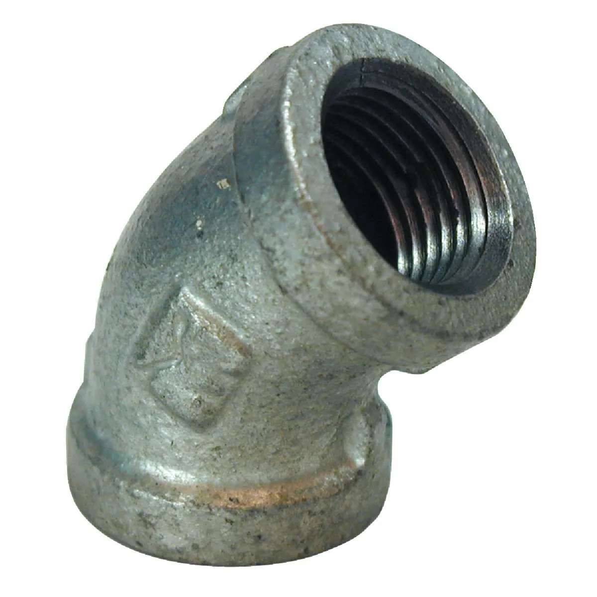 Small galvanized iron elbow fitting with 45 degree bend and threaded ends
