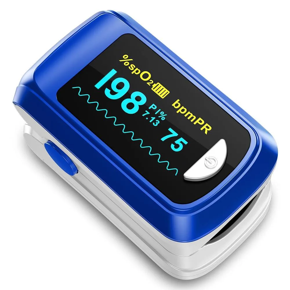 Blue fingertip pulse oximeter with lighted display, lanyard and batteries included