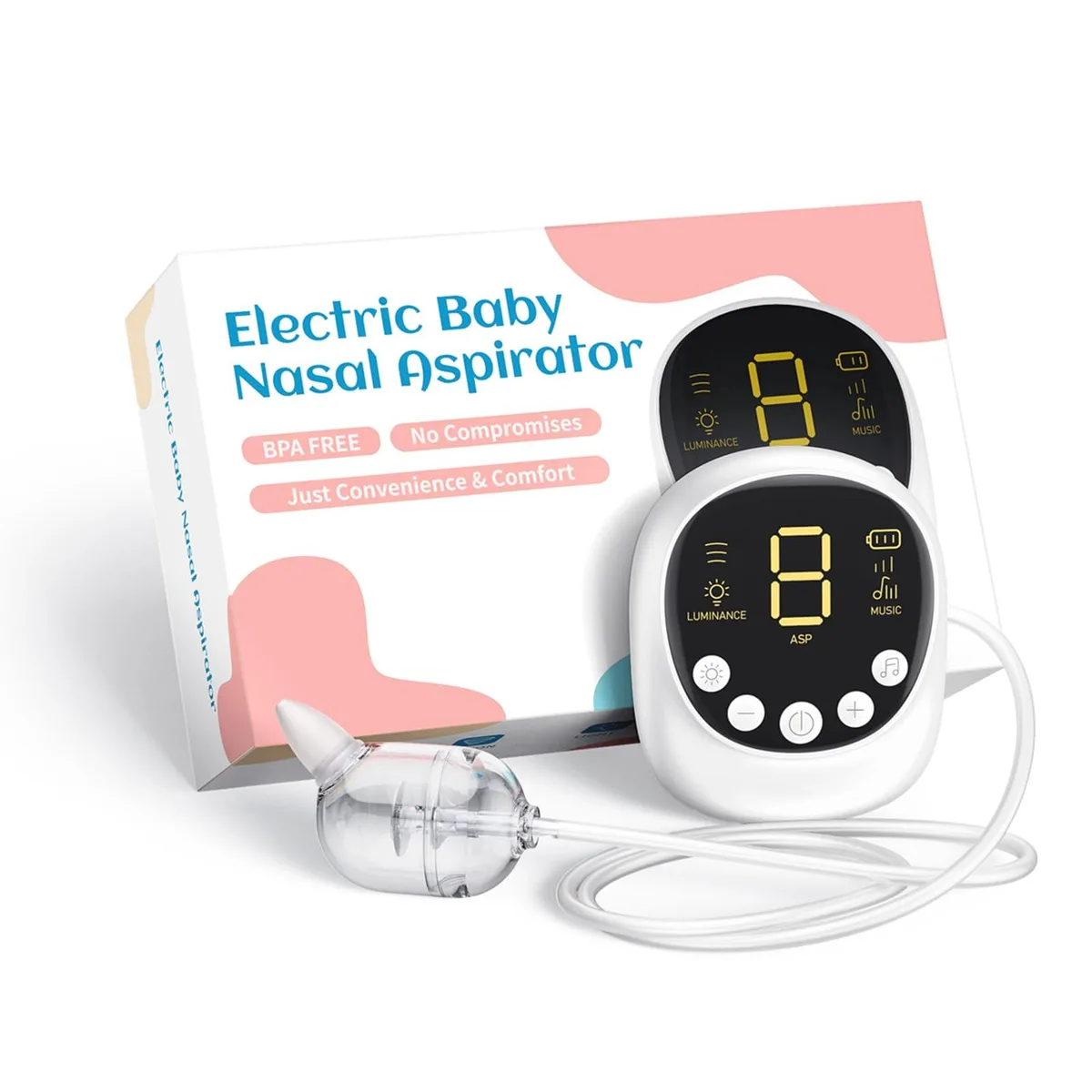 White electric nasal aspirator with silicone tip and USB-C port