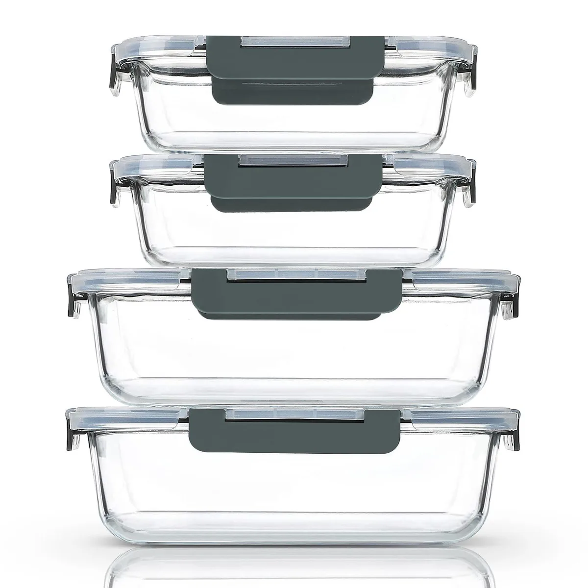 Four rectangular glass food containers with red snap-lock lids, two large and two extra-large, stacked together