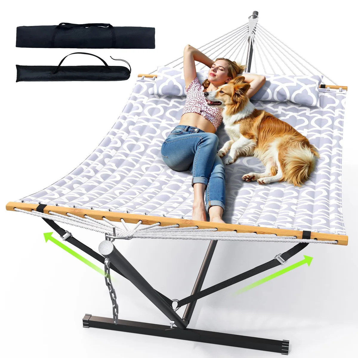 White-grey double hammock on steel stand with pillow