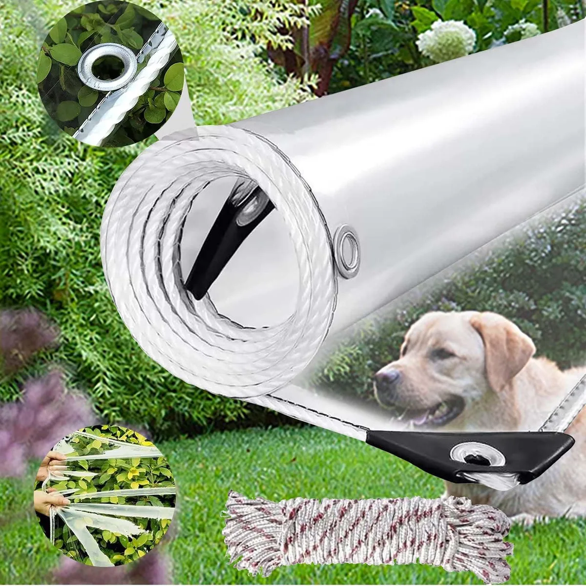 Transparent 14 mil PVC tarp with aluminum grommets every 23 inches, 3x6 ft