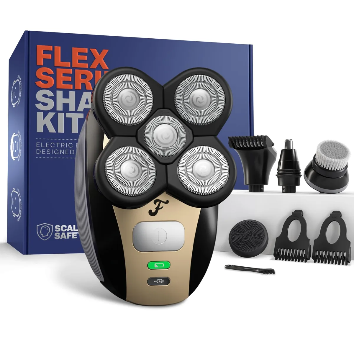 Silver rotary shaver with five blades and ergonomic handle