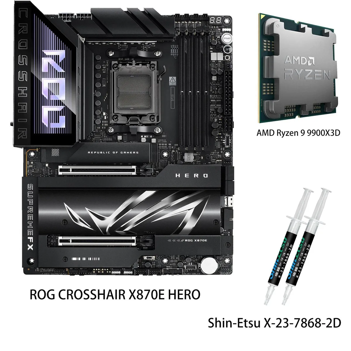 ASUS ASUS ROG CROSSHAIR X870E HERO + Ryzen 9 9900X3D AMD motherboard — product photo