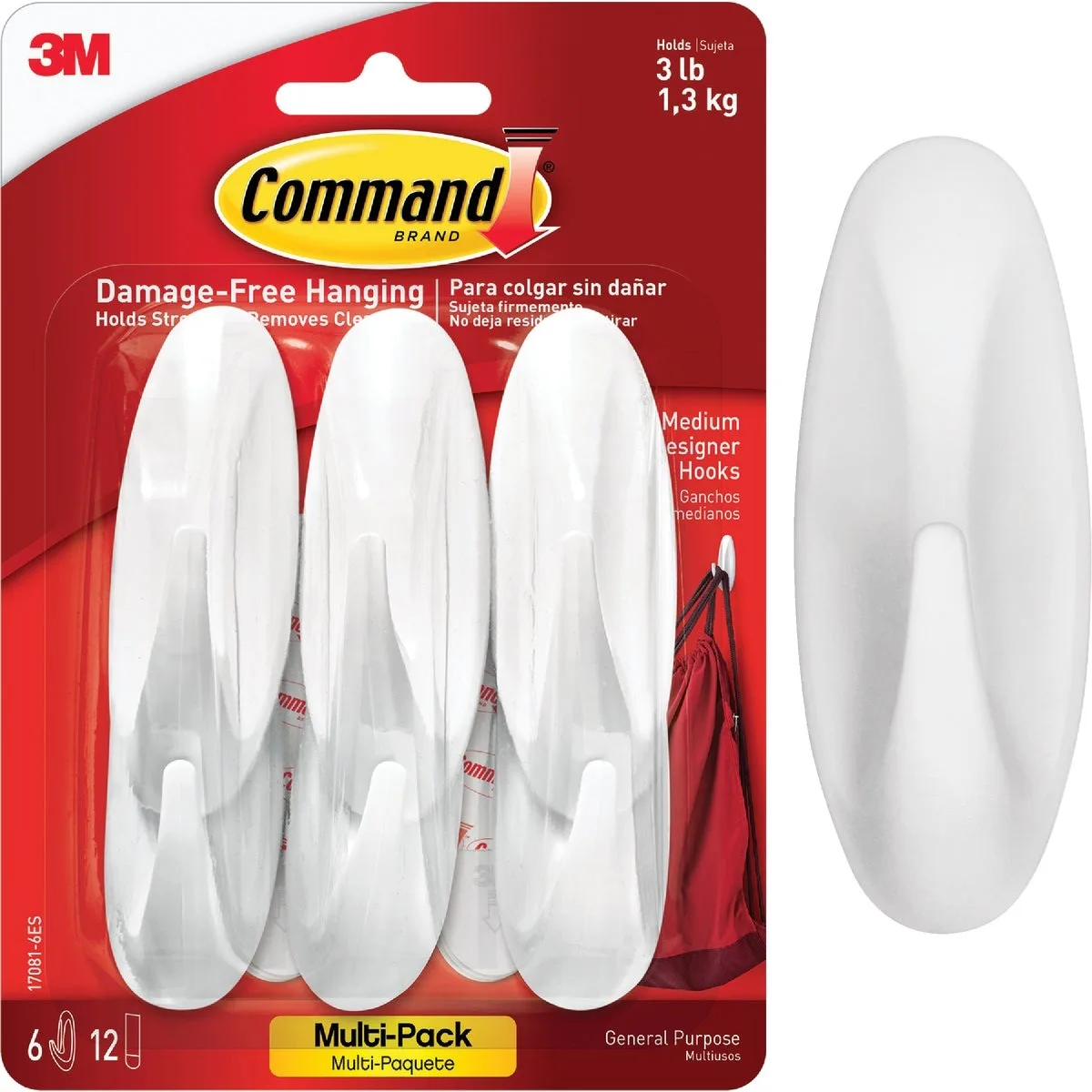 Six white plastic adhesive hooks with strips
