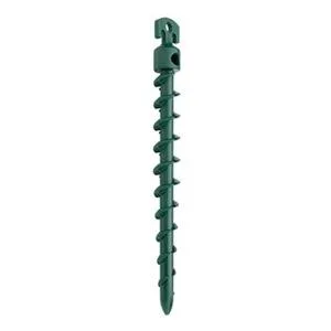Four green plastic earth anchors with painted finish