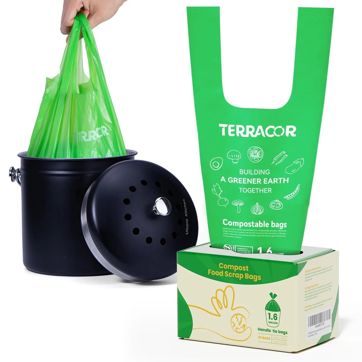 White compostable bags on a roll, handle-tie style, 1.6 gallon size