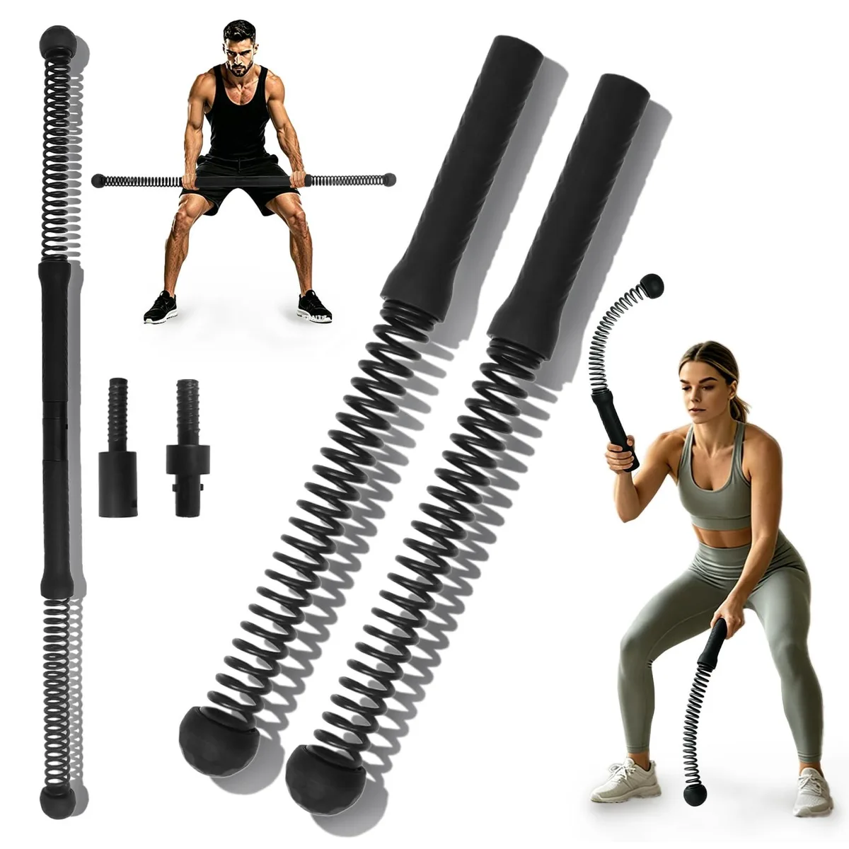 Two black weighted sticks with silicone ends, threaded together as a fitness bar
