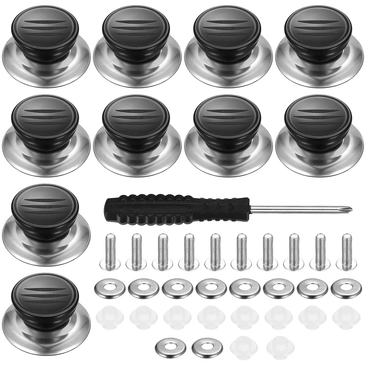 Ten black plastic lid knobs with stainless steel screws and a screwdriver