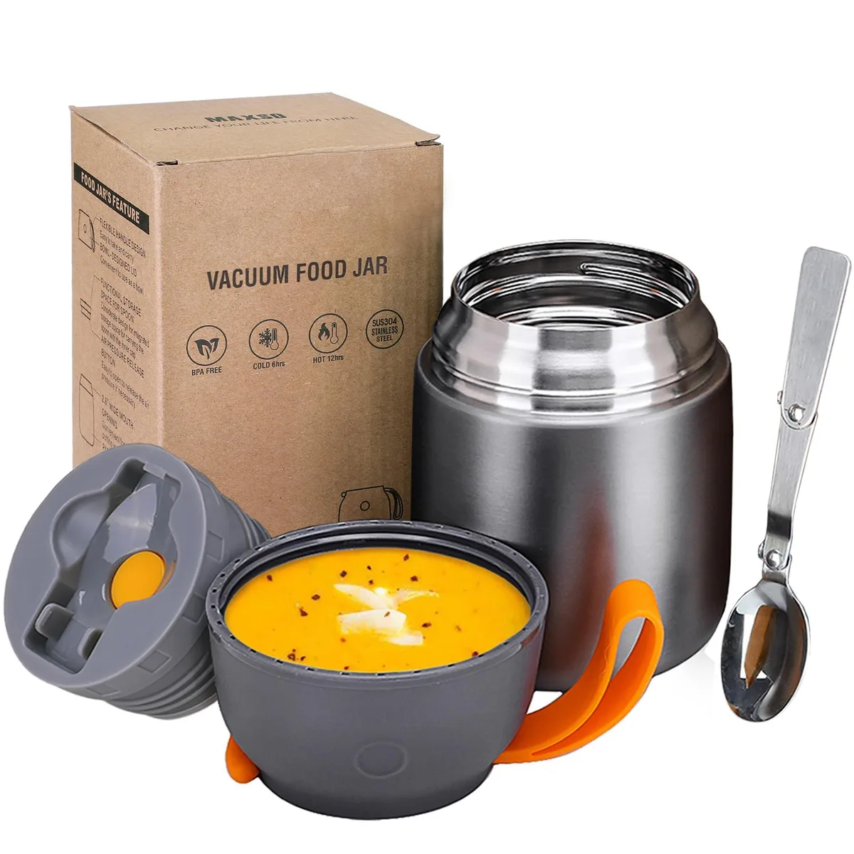 Grey insulated food jar with foldable spoon, 17 oz