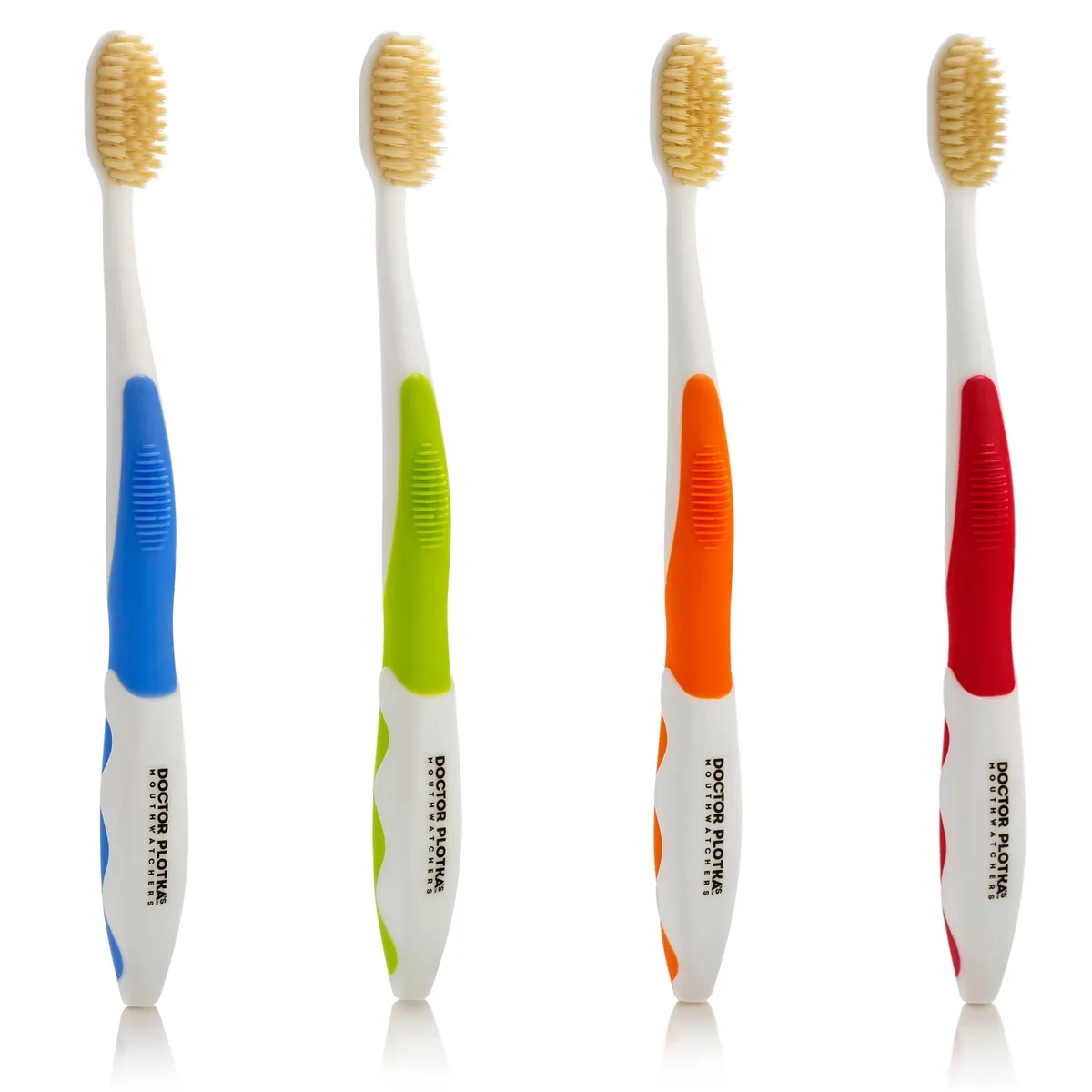 Four white manual toothbrushes with silver-infused flossing bristles