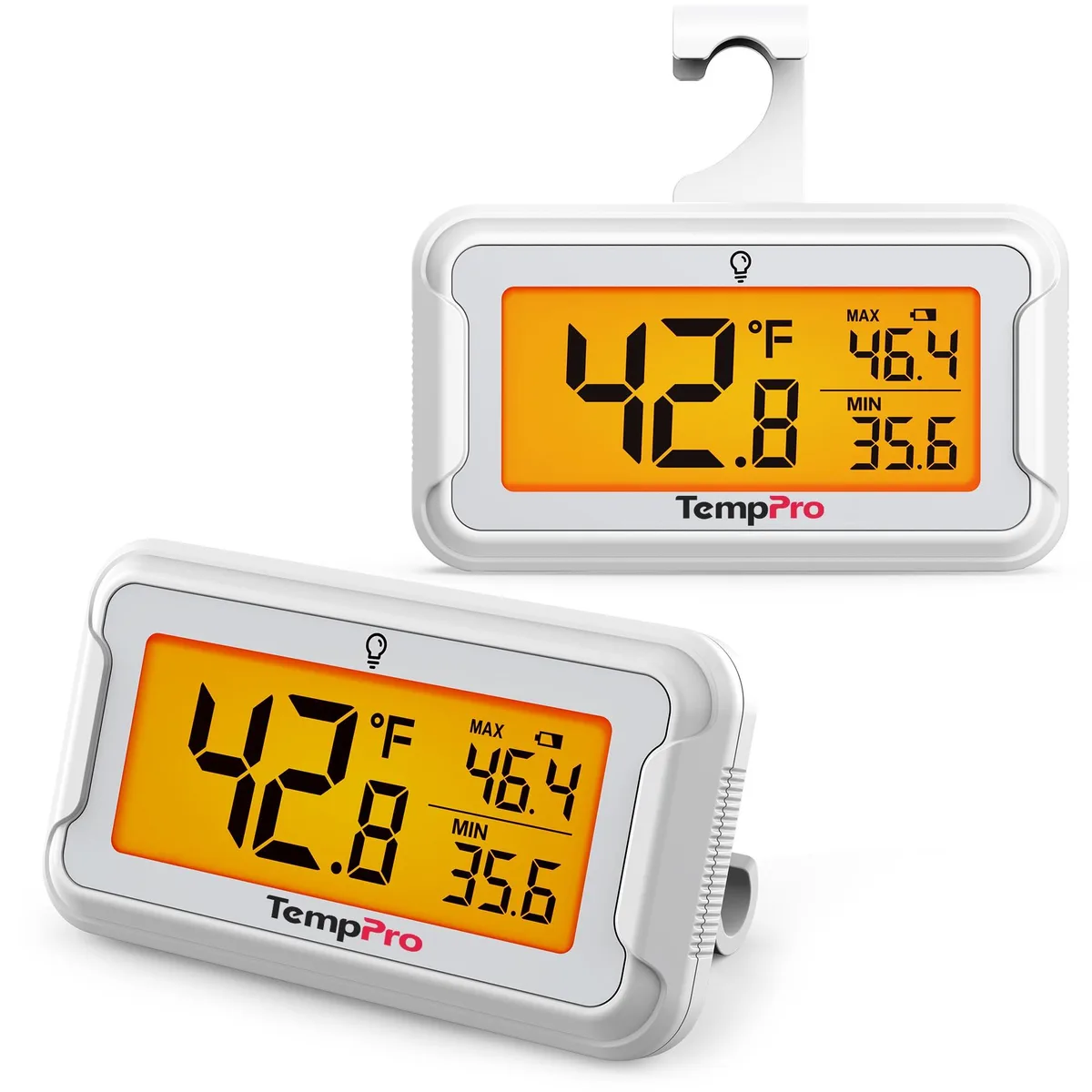 Two white rectangular fridge thermometers with backlit LCD screens side by side