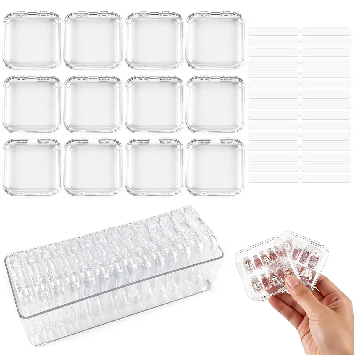 Clear acrylic nail storage boxes, square with snap lids, protective film, double-sided tape included