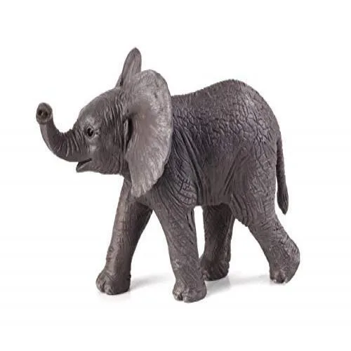 Small grey elephant calf plush toy with trunk raised, sitting on hind legs, soft fabric texture