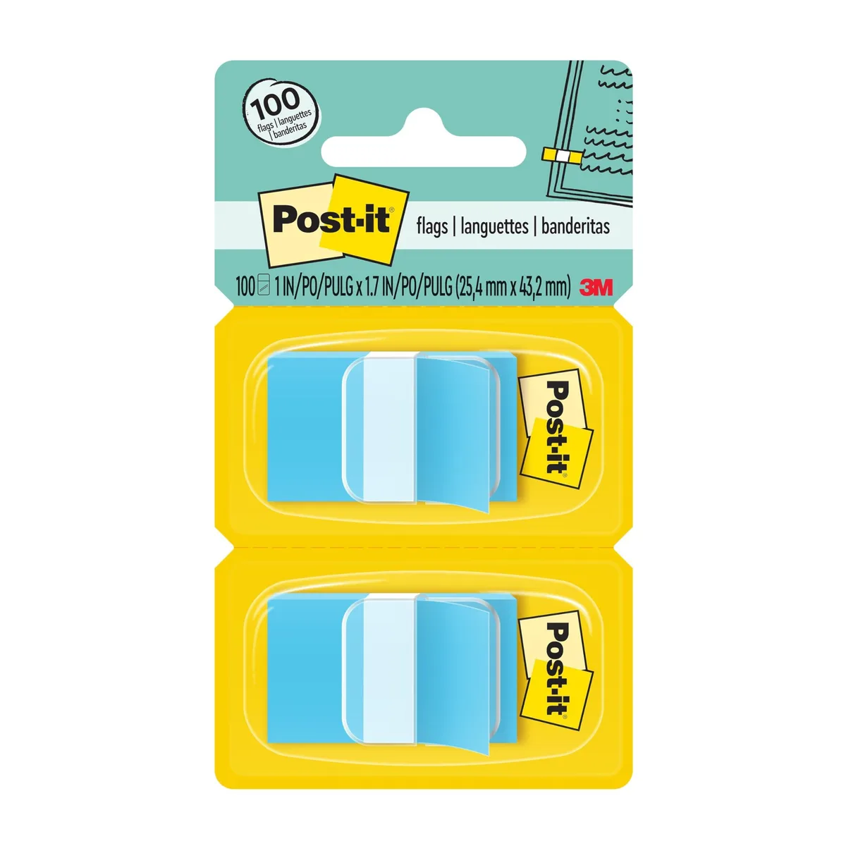 Two blue plastic pop-up dispensers holding small rectangular flags with clear adhesive and bright tips