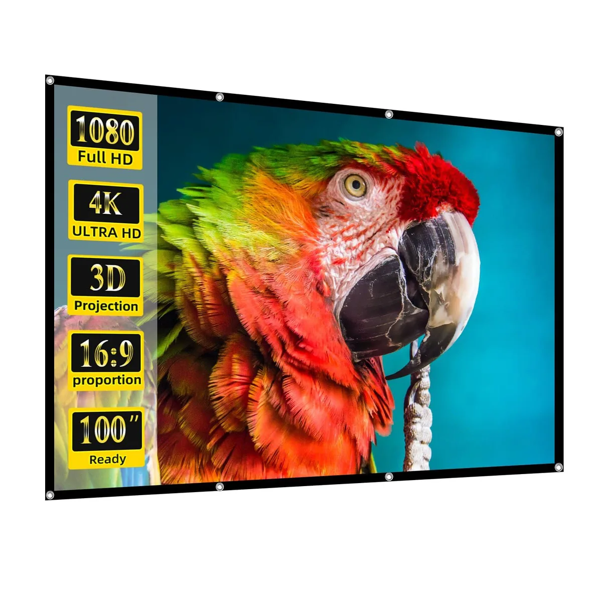 White rectangular polyester projection screen, lightweight foldable design with ropes and hooks for portable indoor outdoor use