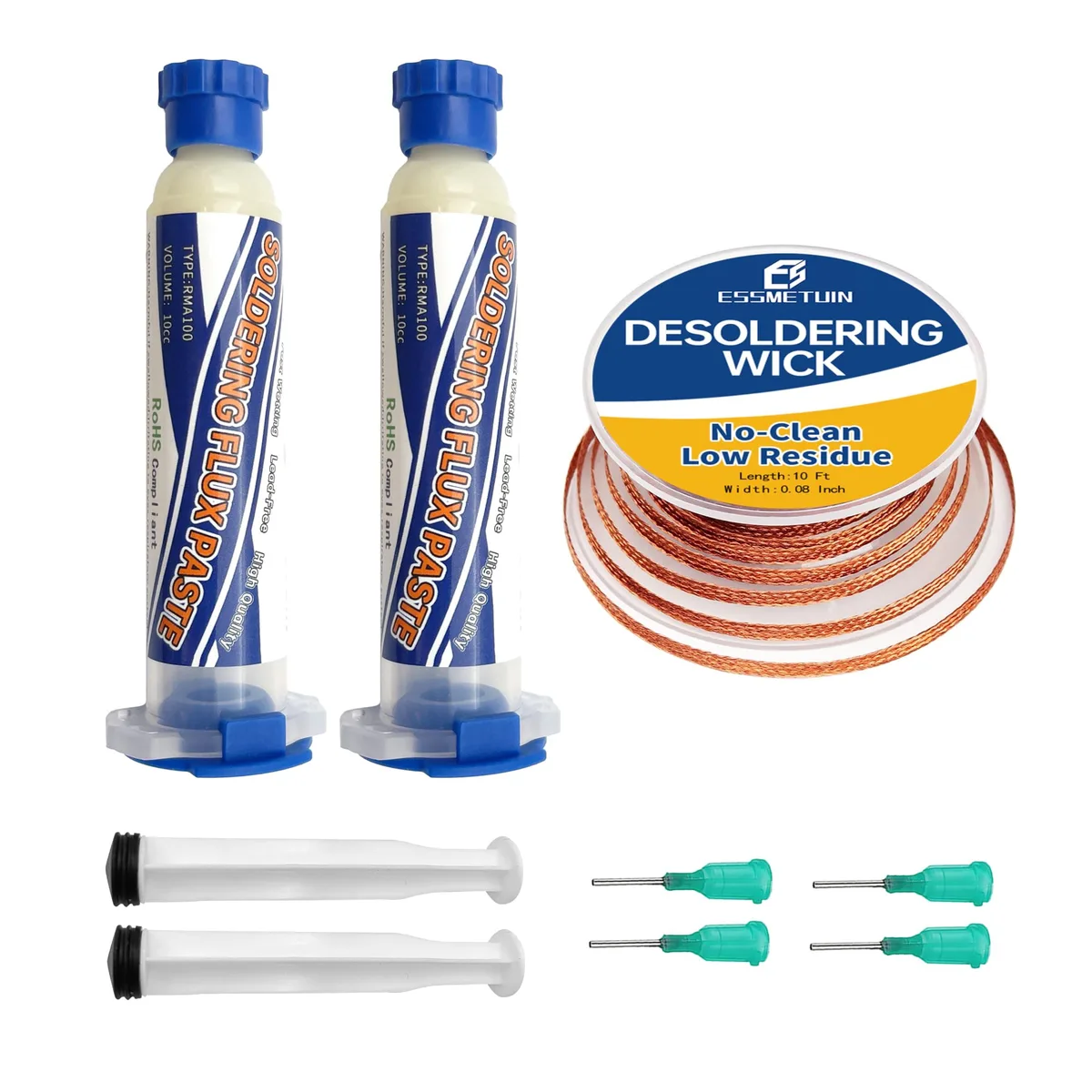 Two 10cc flux paste bottles and a spool of desoldering wick