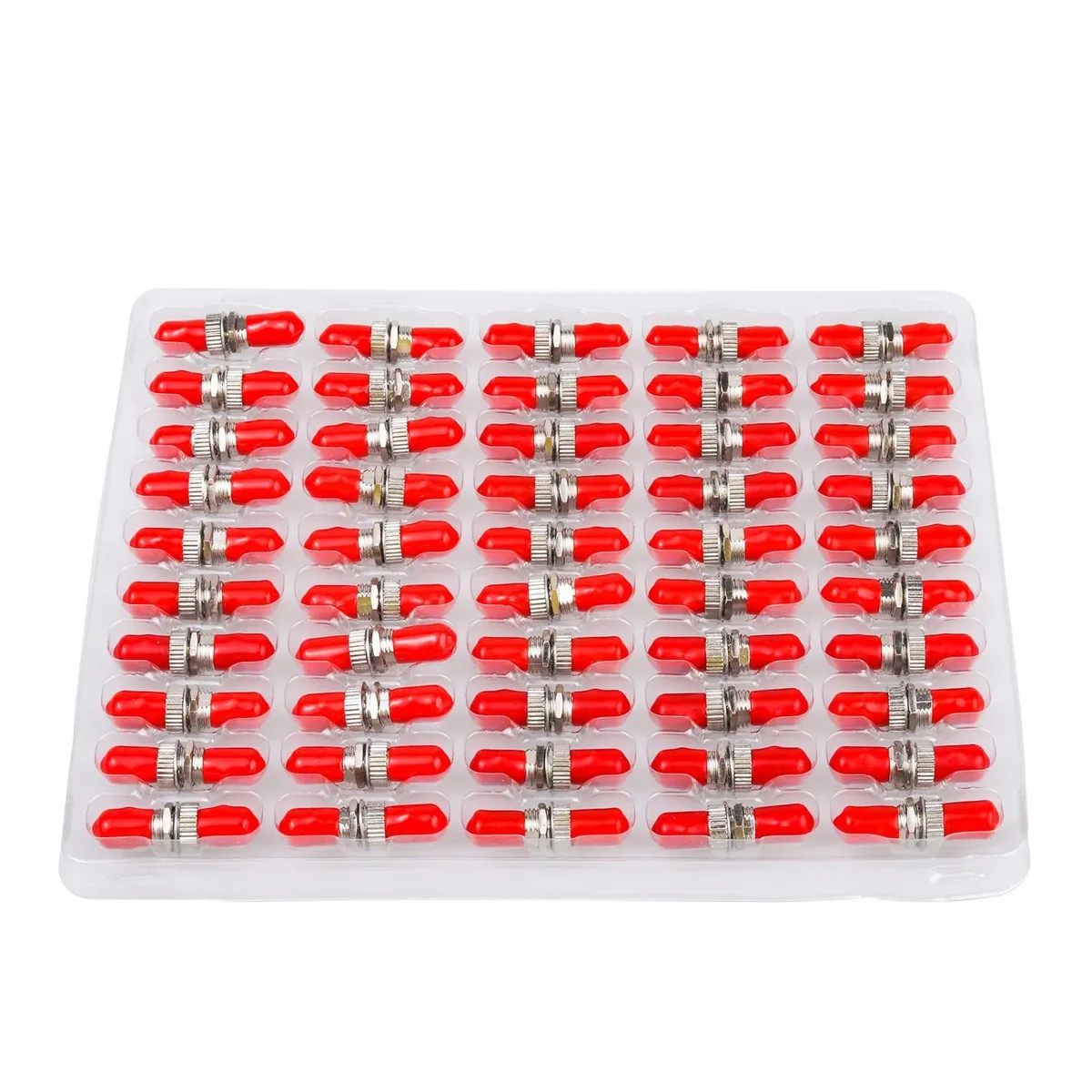 Fifty beige ST singlemode couplers with ceramic sleeves in a clear bag