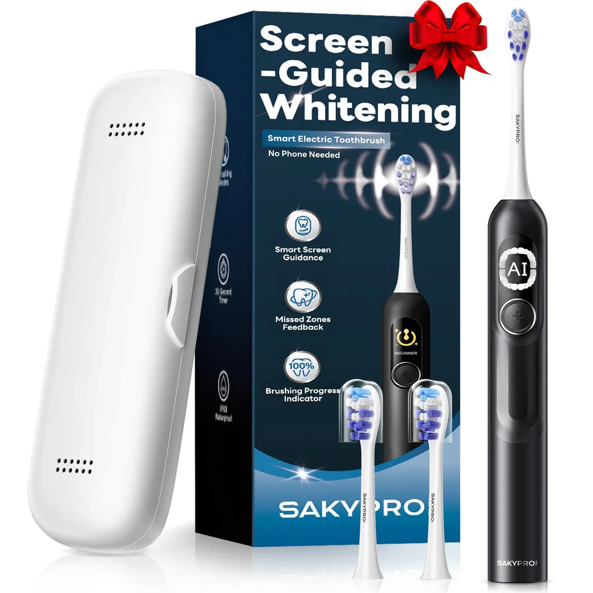 Black electric toothbrush with LED display, soft bristles, travel case