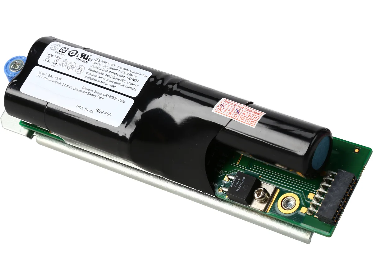 Small rectangular IBM cache battery, model 39R6519, matte green circuit board with silver connector