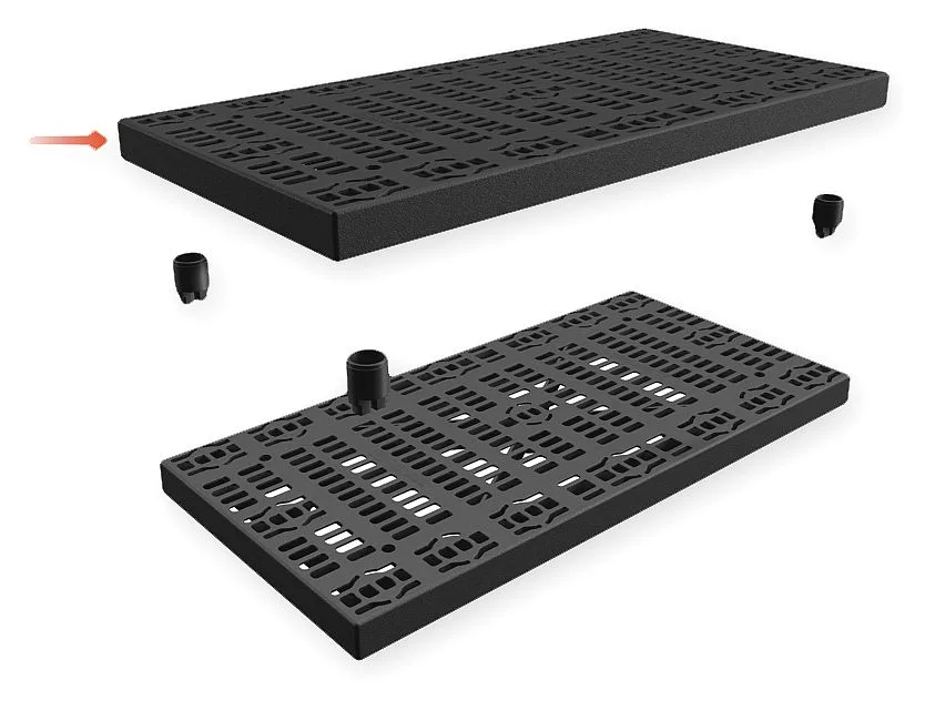 Black molded plastic work platform add-on unit 48 by 24 inches with stackers