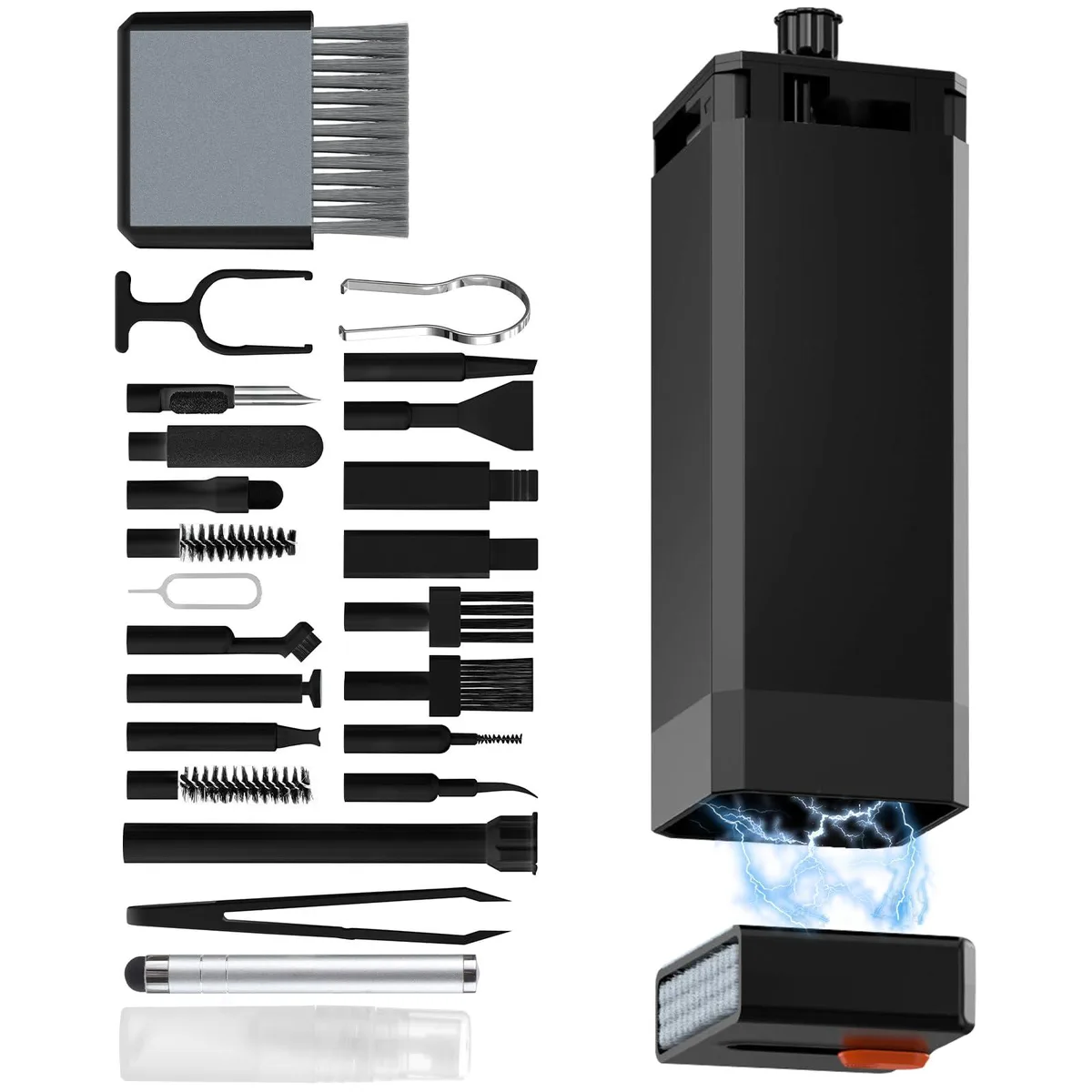 Black cylindrical cleaning kit with integrated storage body and 32 tools including brushes, tweezers and screen cloth