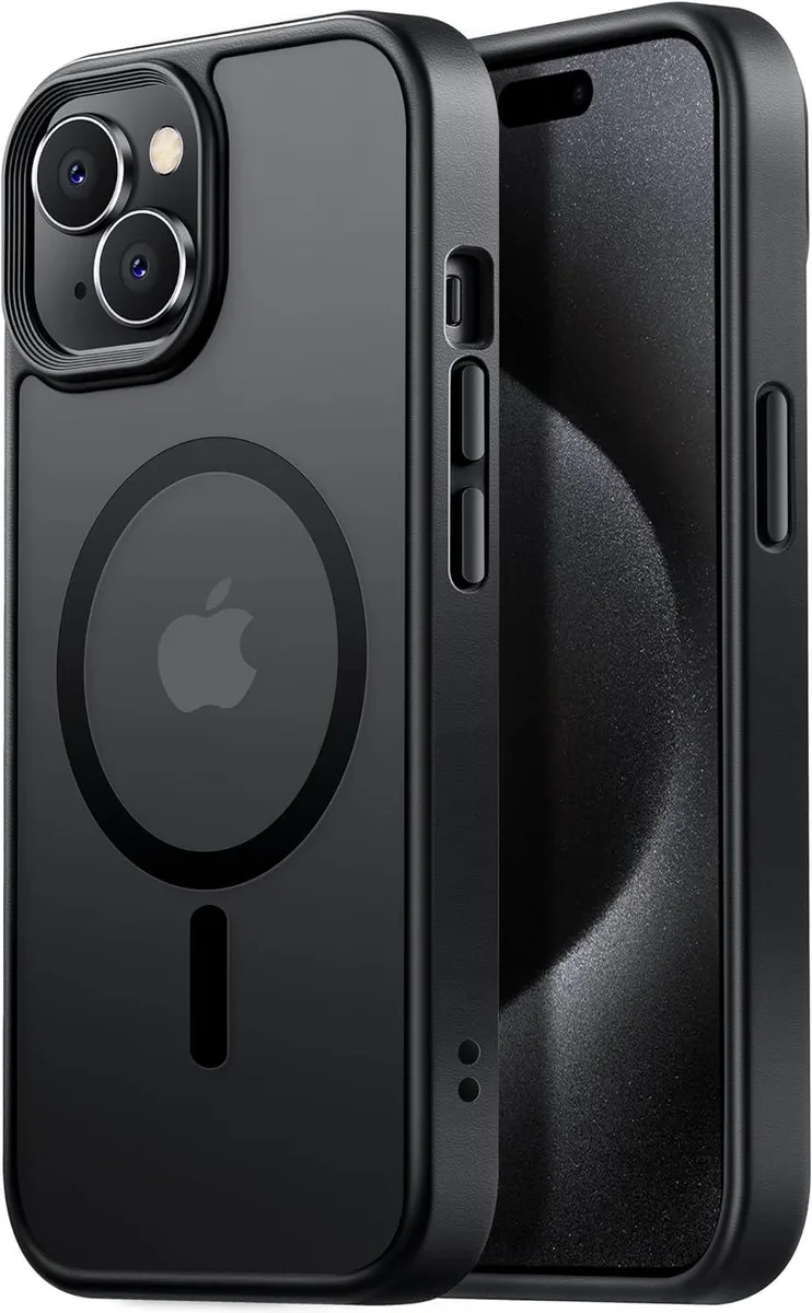 Matte black magnetic case for iPhone 15 with translucent back