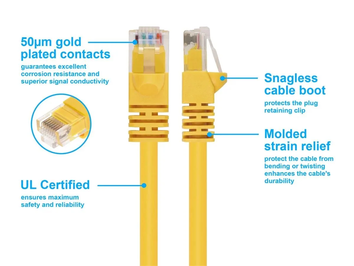 Yellow Cat6 ethernet cable, 2 ft long, RJ45 connectors with gold contacts, snagless boots