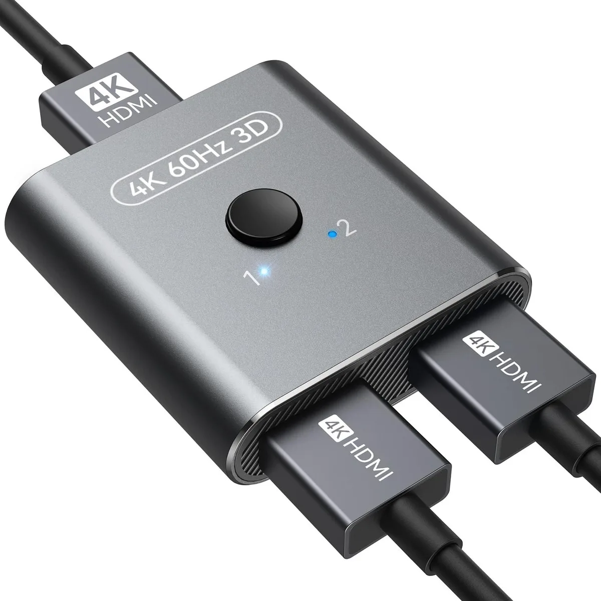 Small gray aluminum HDMI switch with three ports and a button