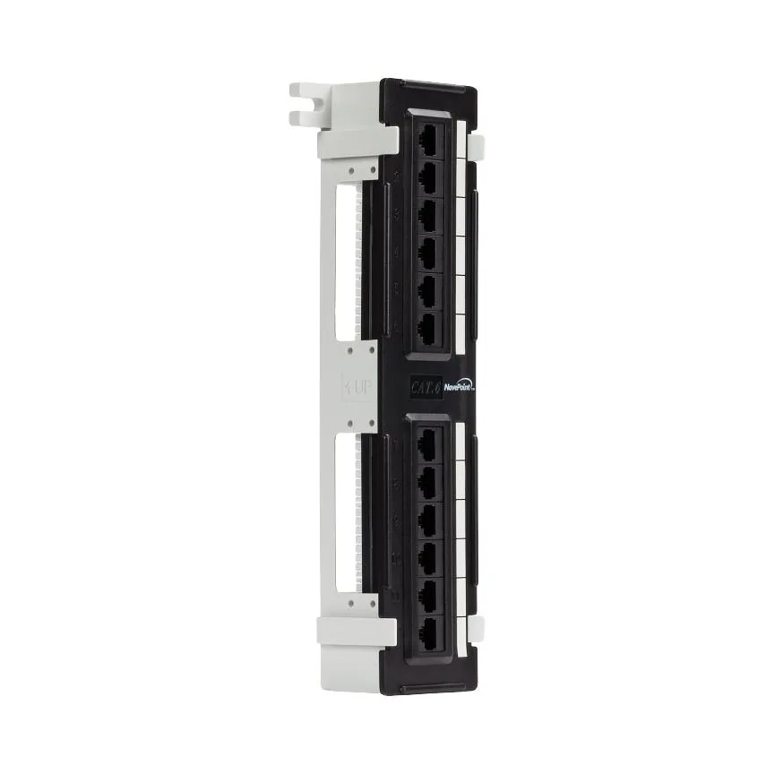 Black 12-port CAT6 UTP patch panel with wall-mount bracket