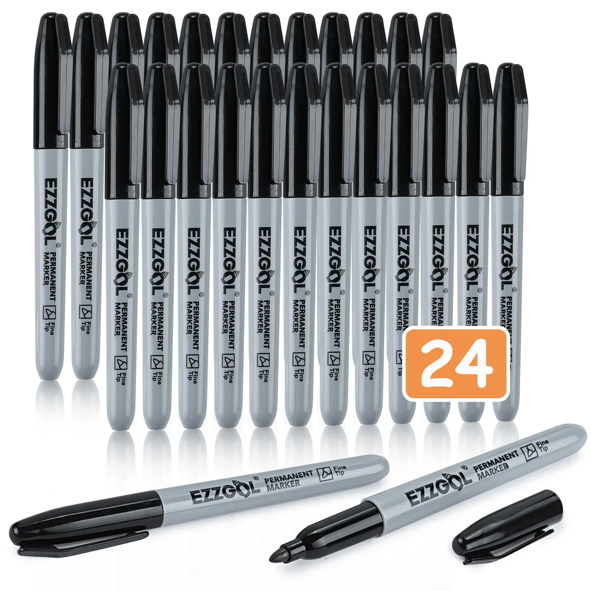Twenty-four black fine-tip permanent markers in bulk packaging