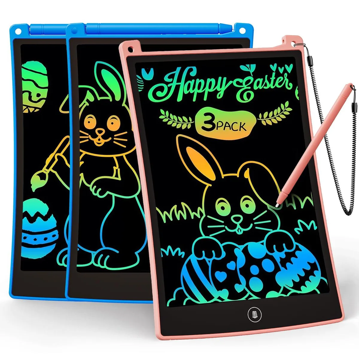 Three square 8.5-inch LCD doodle boards in blue pink and sky blue with attached stylus
