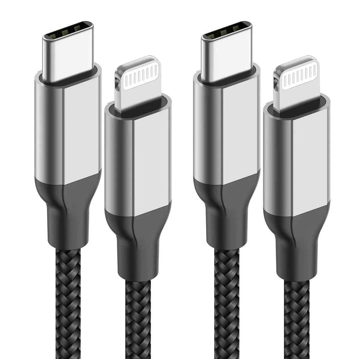 Two black nylon-braided USB-C to Lightning cables, three feet long, coiled side by side