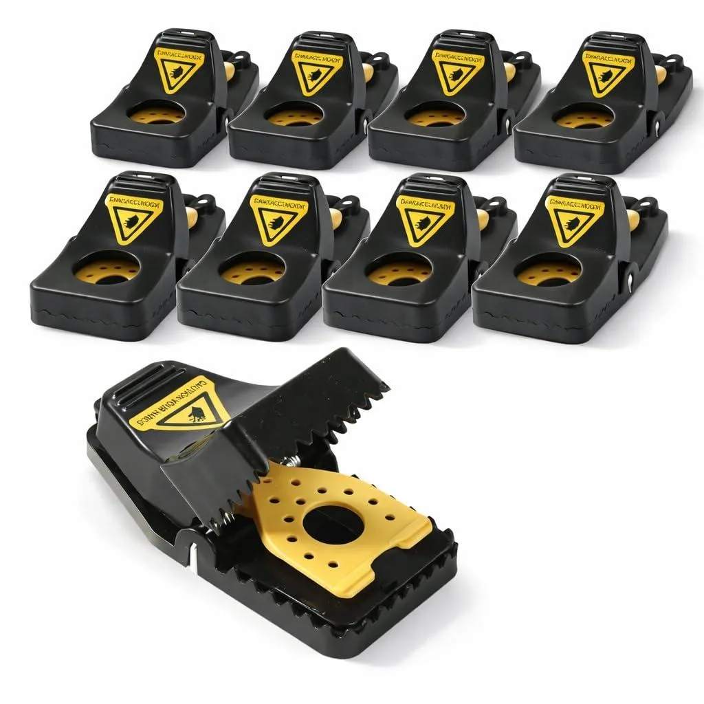 Twelve white plastic snap traps with yellow triggers and bait cups