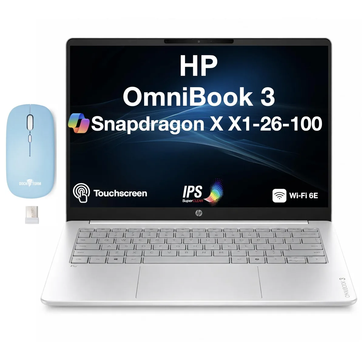 HP HP OmniBook 3 laptop Snapdragon X X1-26-100 16GB LPDDR5X 2TB SSD 14.0" touchscreen Glacier Silver — product photo