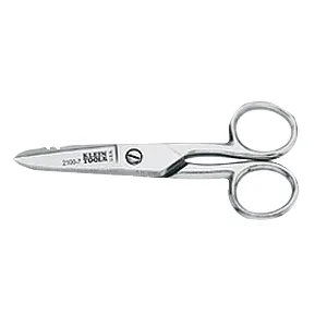 Nickel-plated electrician scissors with wire-stripping notches on upper blade, serrated lower blade, scraper and file on both blades