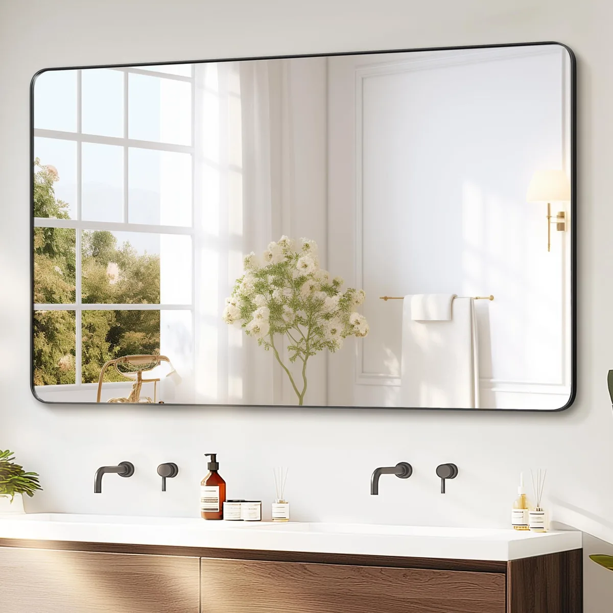 Rectangular black-framed mirror, 50 by 30 inches, white finish, shatterproof glass