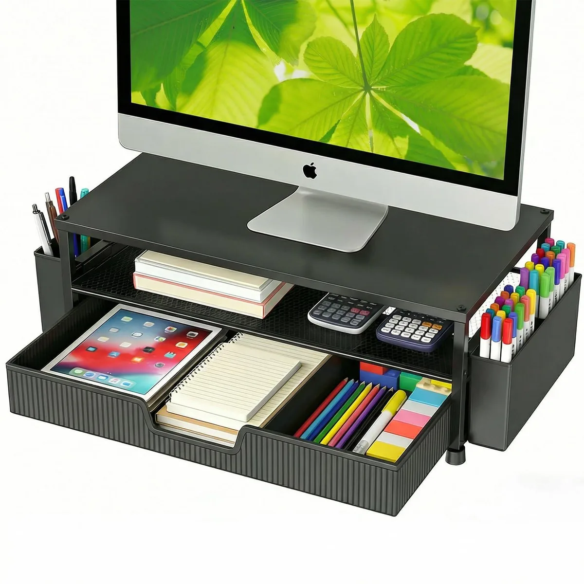  Uncaged Ergonomics ECOLOVI 2-Tier Monitor Stand with Drawer &amp; Pen Holders, Black — product photo