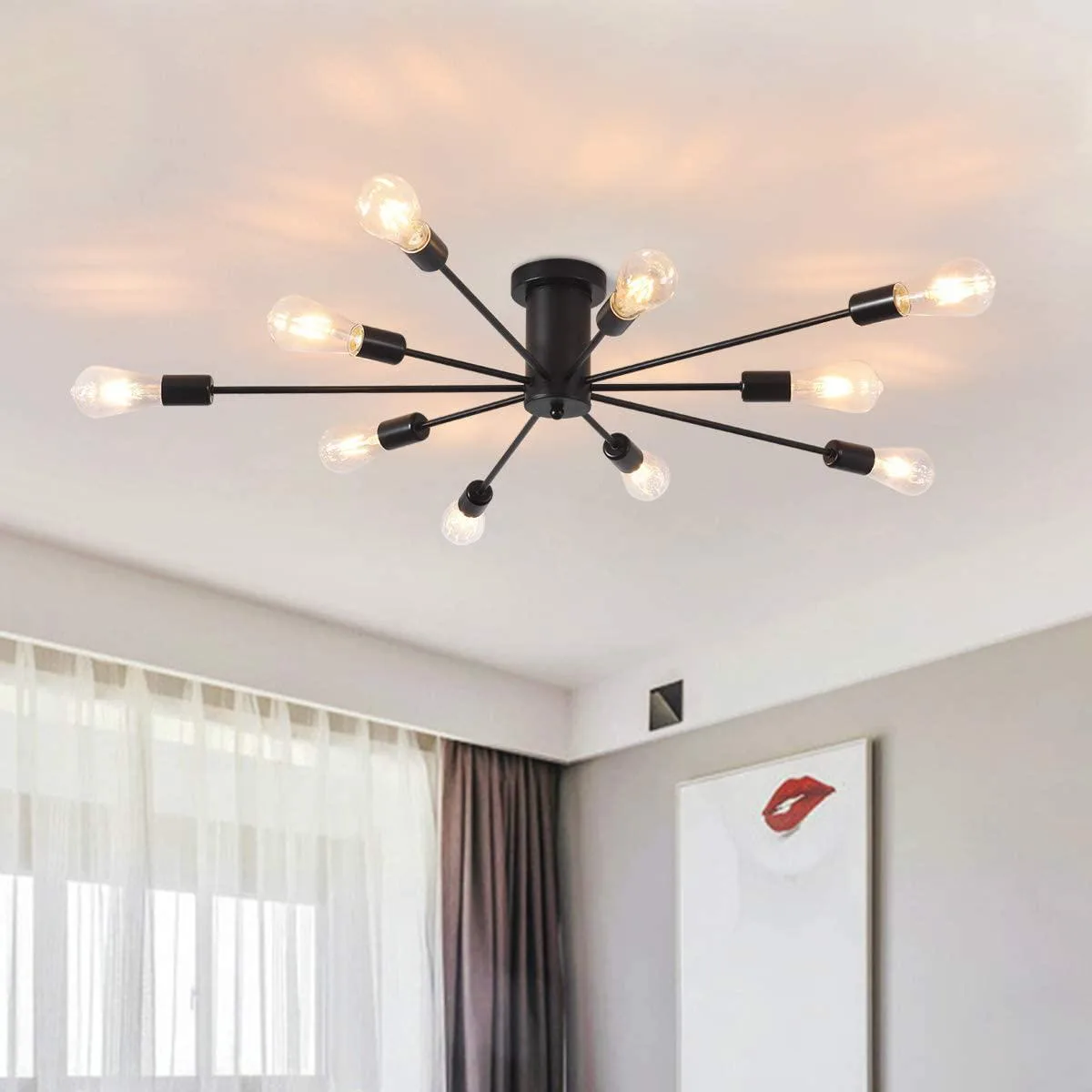 Black metal semi-flush chandelier with ten radiating arms, 38 inches wide, 7.87 inches high