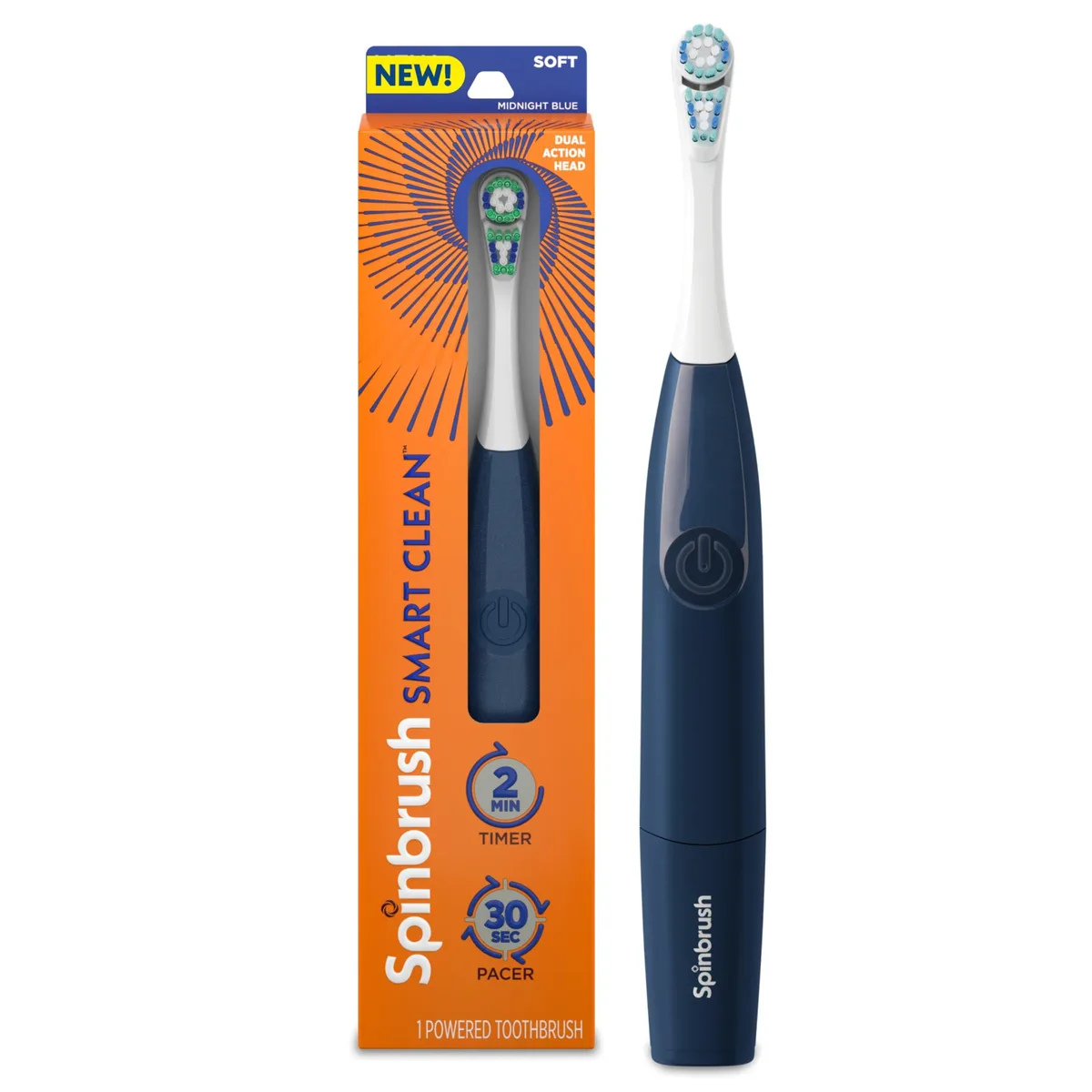 Midnight blue battery toothbrush with soft bristles and dual-action round head