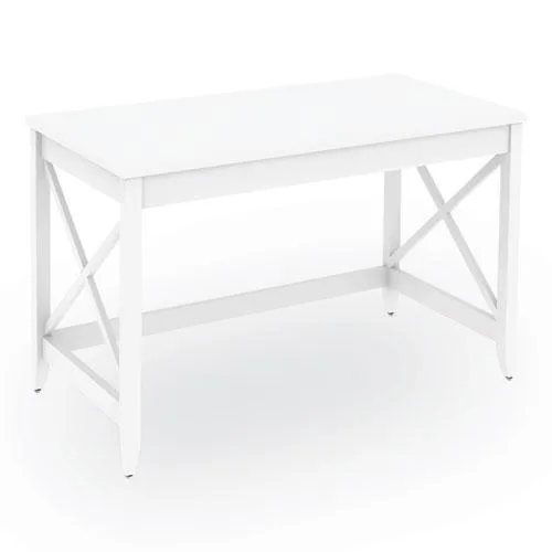 White rectangular farmhouse desk with X side accents, laminate top, white wood legs, no drawers