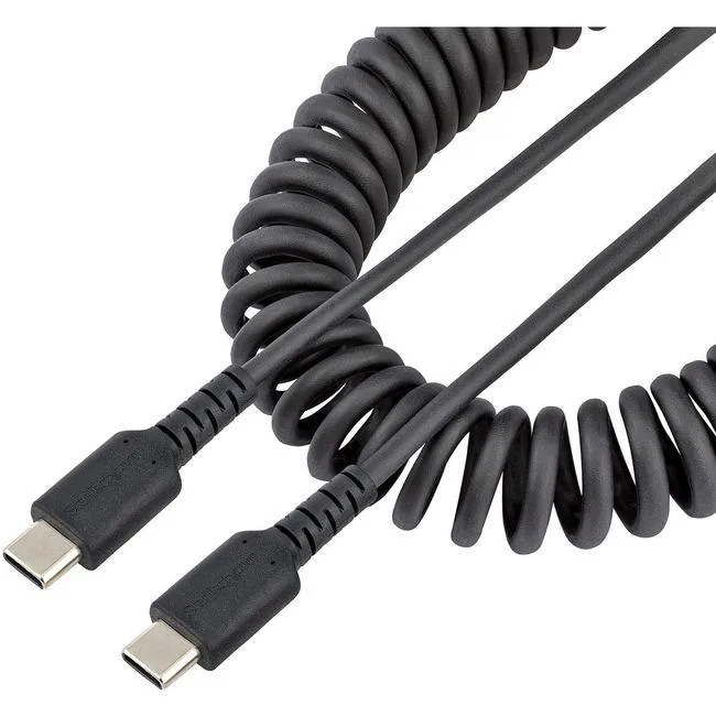 Black coiled USB-C to USB-C cable with aramid fiber and TPE jacket