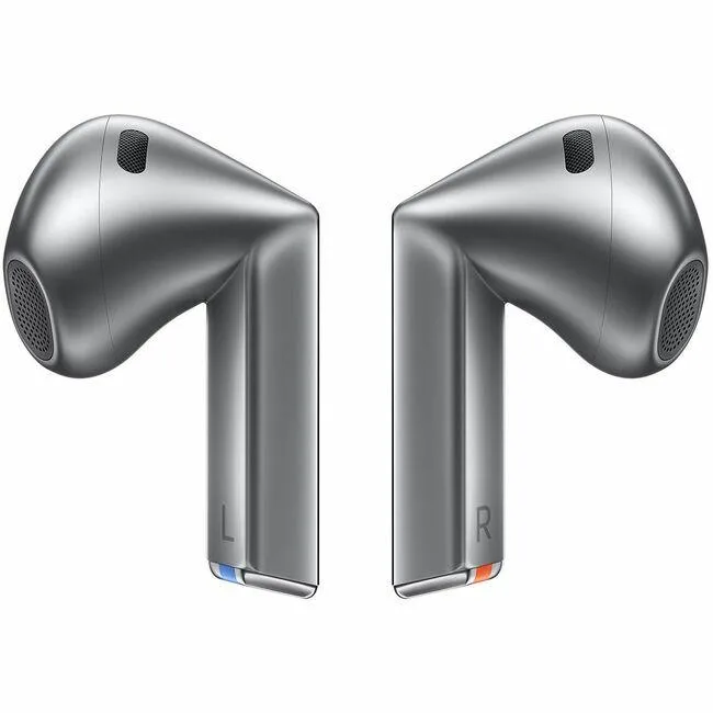 Pair of silver in-ear wireless earbuds with stem design