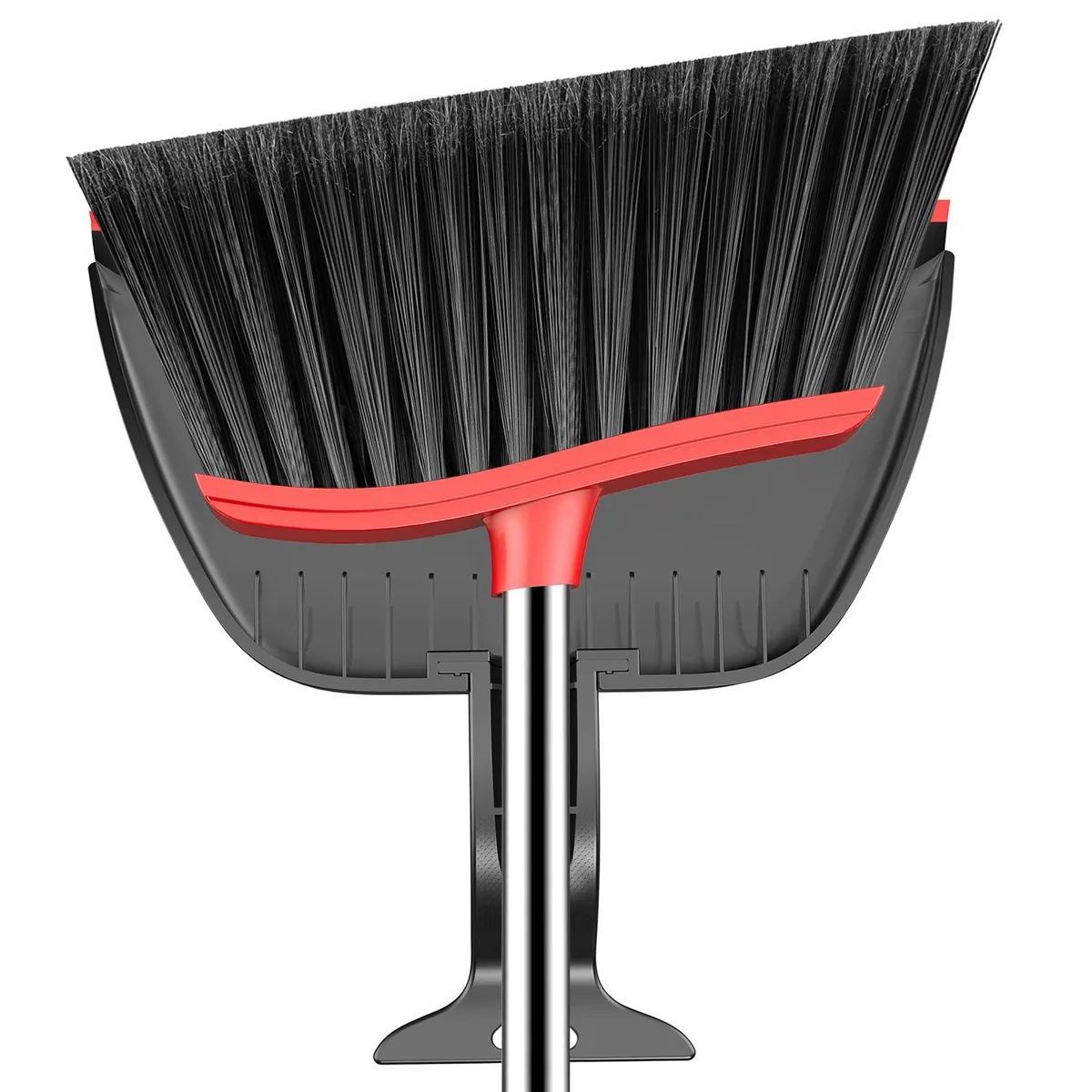 Black and red adjustable broom with step-on dustpan, 60 inch handle