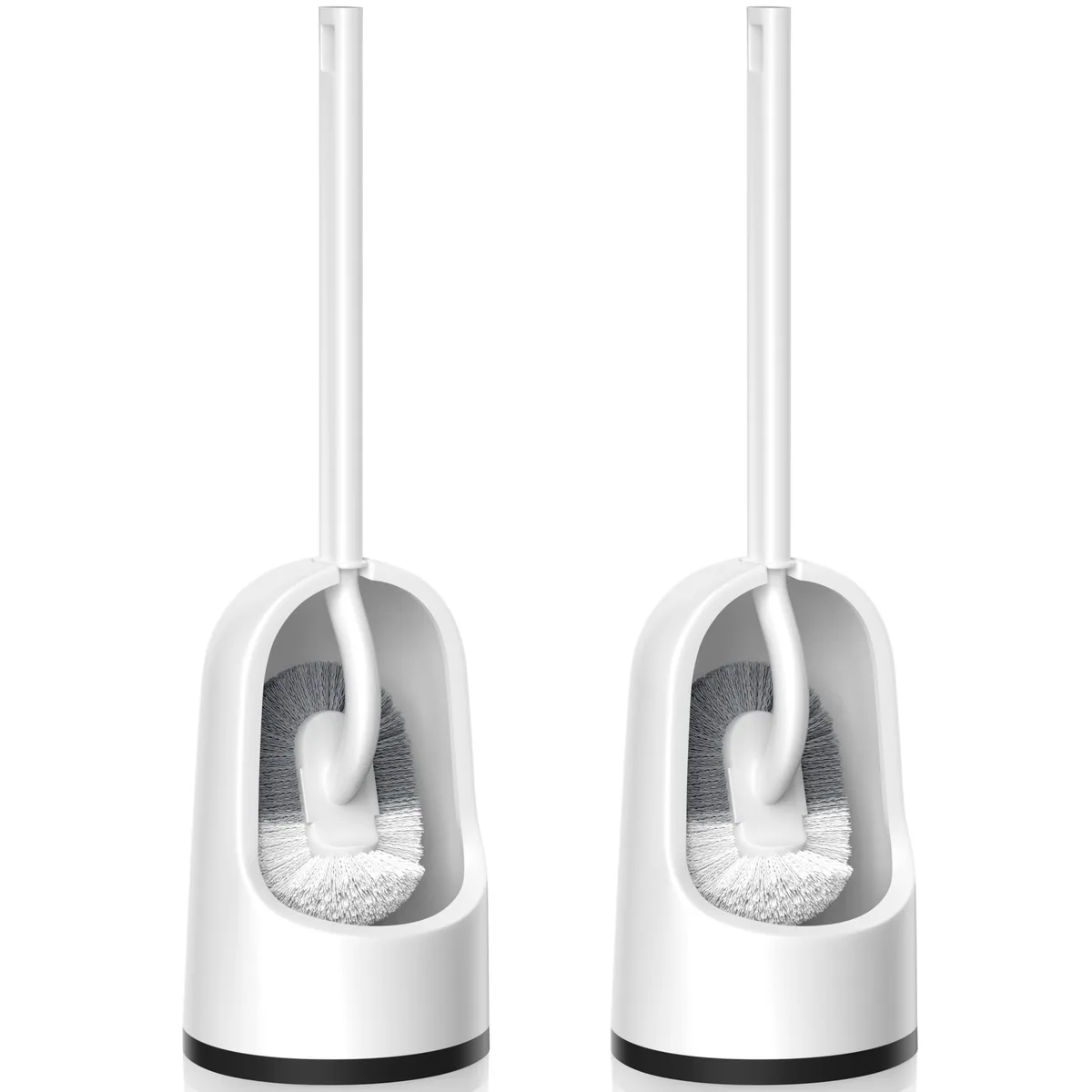 Two white toilet brushes with curved bristle heads and long handles in a semi-open holder