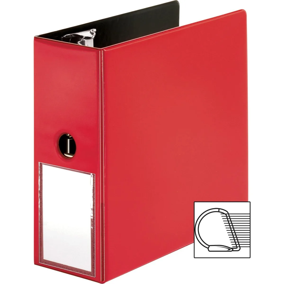 Red slant D-ring binder with spine label holder and interior pocket