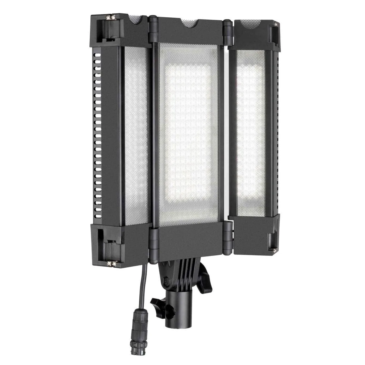Three-section hinged LED panel with foldable wings and barn doors, daylight balanced, metal enclosure, 5/8-inch receiver